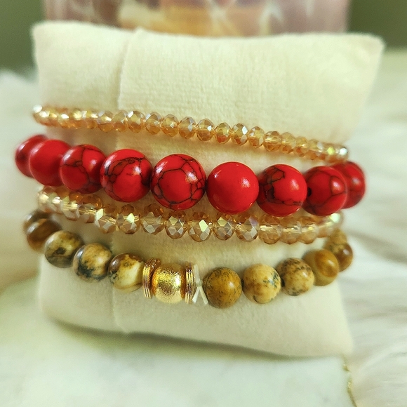 NWT Ryze Natural Stone Druzy, Red Howlite,& Picture Jasper Beaded Staxx Bracelet - Picture 4 of 6